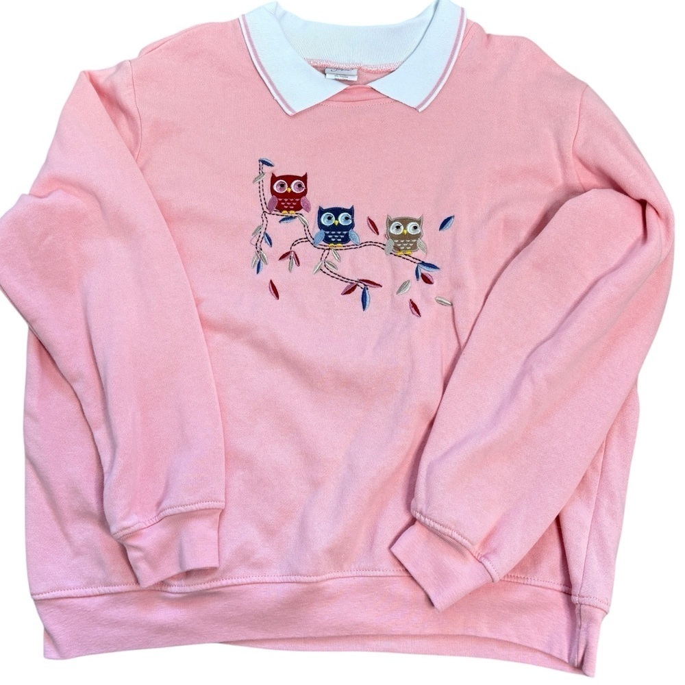 Vintage Adrian Delafield Womens XL Pink Owl Sweatshirt Collared Cottagecore EUC